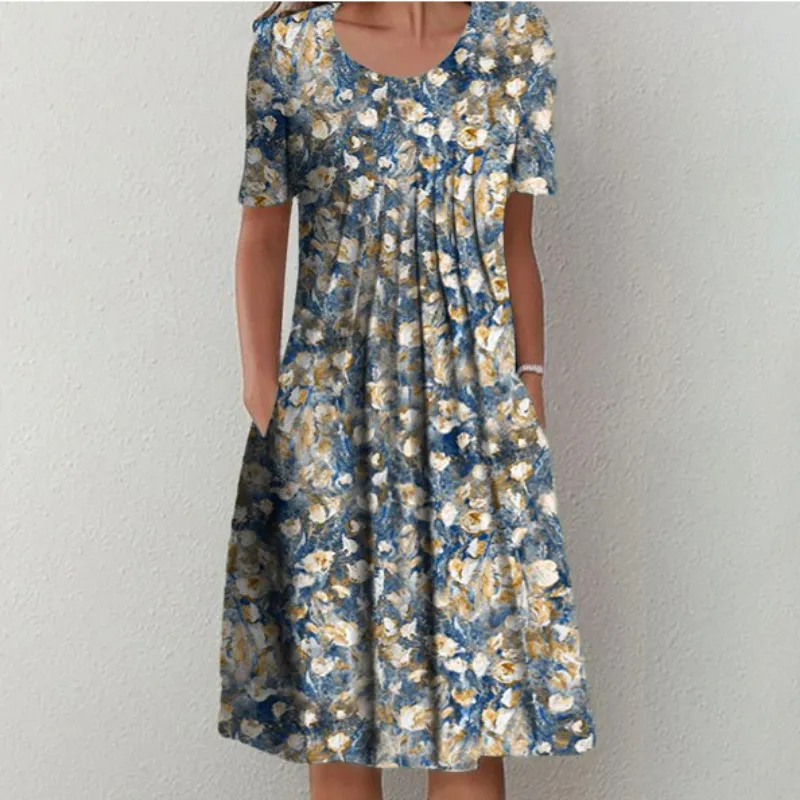 Spring And Summer Women's Elegant Large Swing Round Neck Printed Short Sleeve Dress - No 7 Color-M