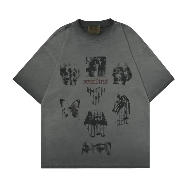 American Style Retro Fashion Brand Washed Skull Design Oversize Couple Short Sleeve Dark Gray - Shop at LoveMi