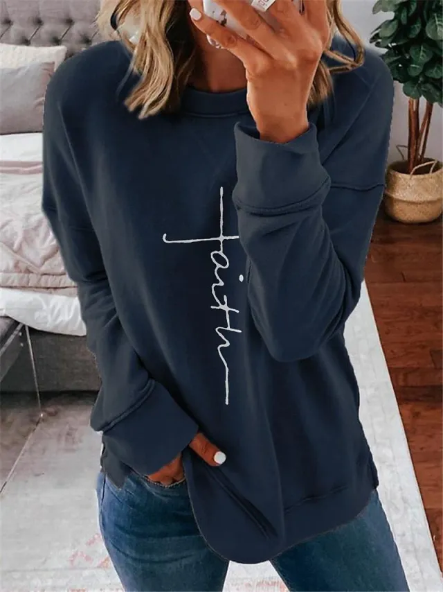 Women's Printed Letter Daily Round Neck Sweater 3V5Ykkz S - Shop at LoveMi
