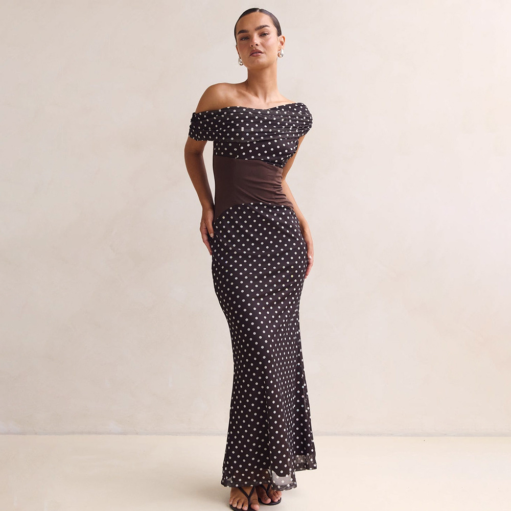 European And American Style Personalized Design Slant-neck Off-shoulder Polka Dot Dress