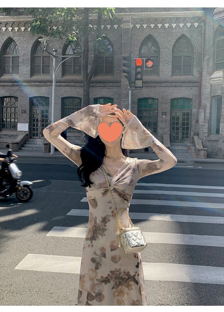 Vintage Tea Party Elegant Printed V Neck Dress Picture Color L - Shop at LoveMi