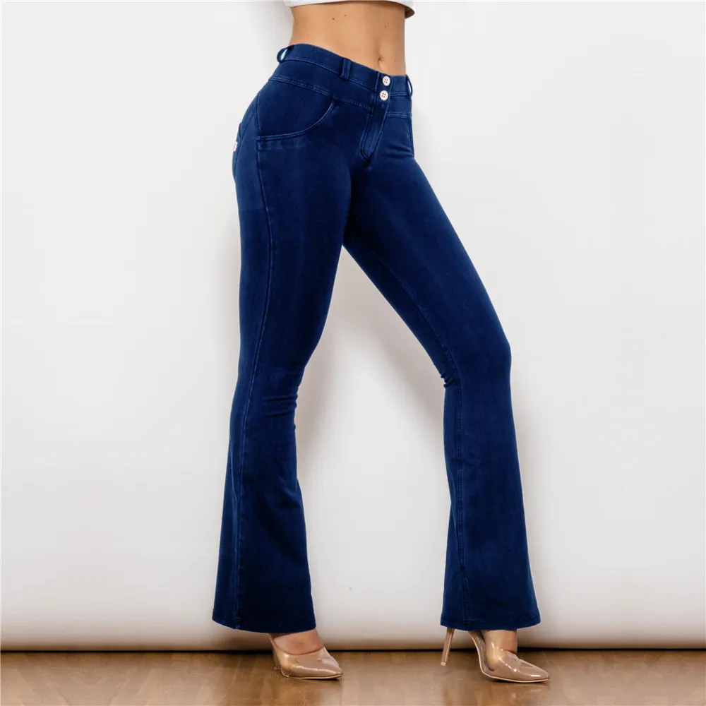 Straight Peach Jeans Black Elastic Mid-waist Wide Leg Butt-lift Underwear - Dark Blue