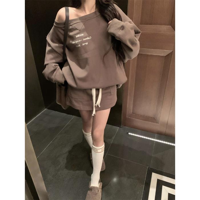 Off shoulder Floral Print Long Sleeve Pullover Skirt Suit Brown - Shop at LoveMi