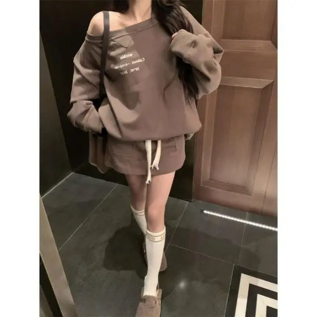 Off shoulder Floral Print Long Sleeve Pullover Skirt Suit Brown - Shop at LoveMi