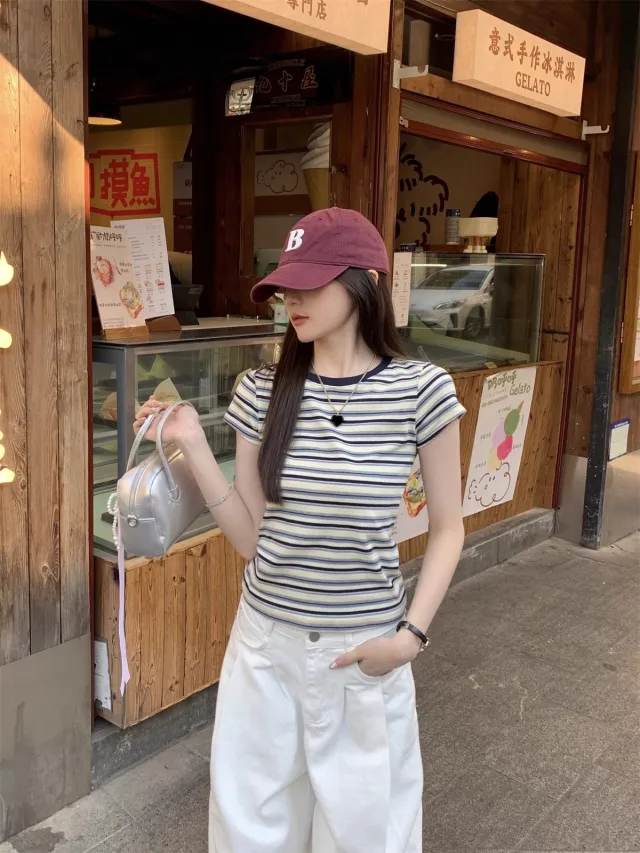Contrast Color Striped Round Neck Short Sleeve Women's Shoulder Top Blue Stripes - Shop at LoveMi