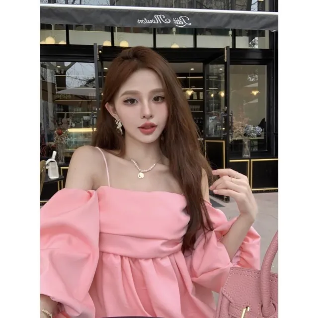 Off neck Sling Shirt Lantern Sleeve Off the shoulder Top Pink - Shop at LoveMi