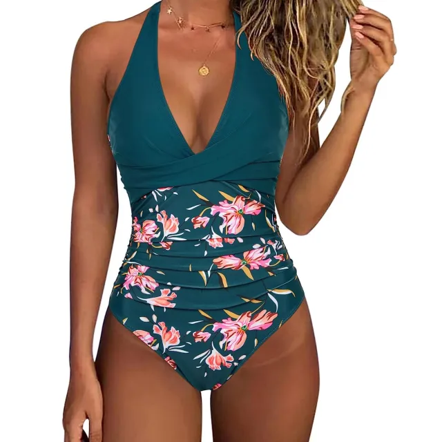 Printed Split Lace up Gather Backless Fashion Bikini Swimsuit Floral - Shop at LoveMi