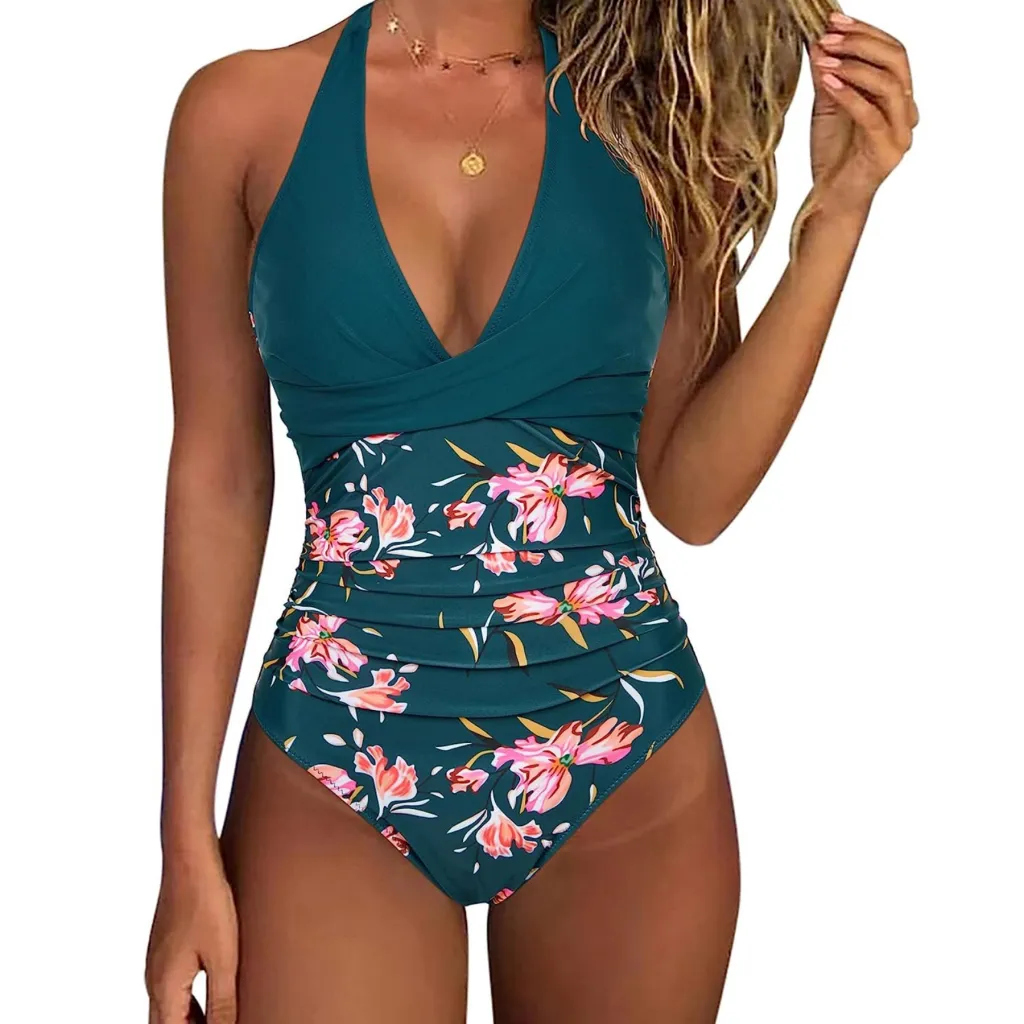 Printed Split Lace-up Gather Backless Fashion Bikini Swimsuit - Floral