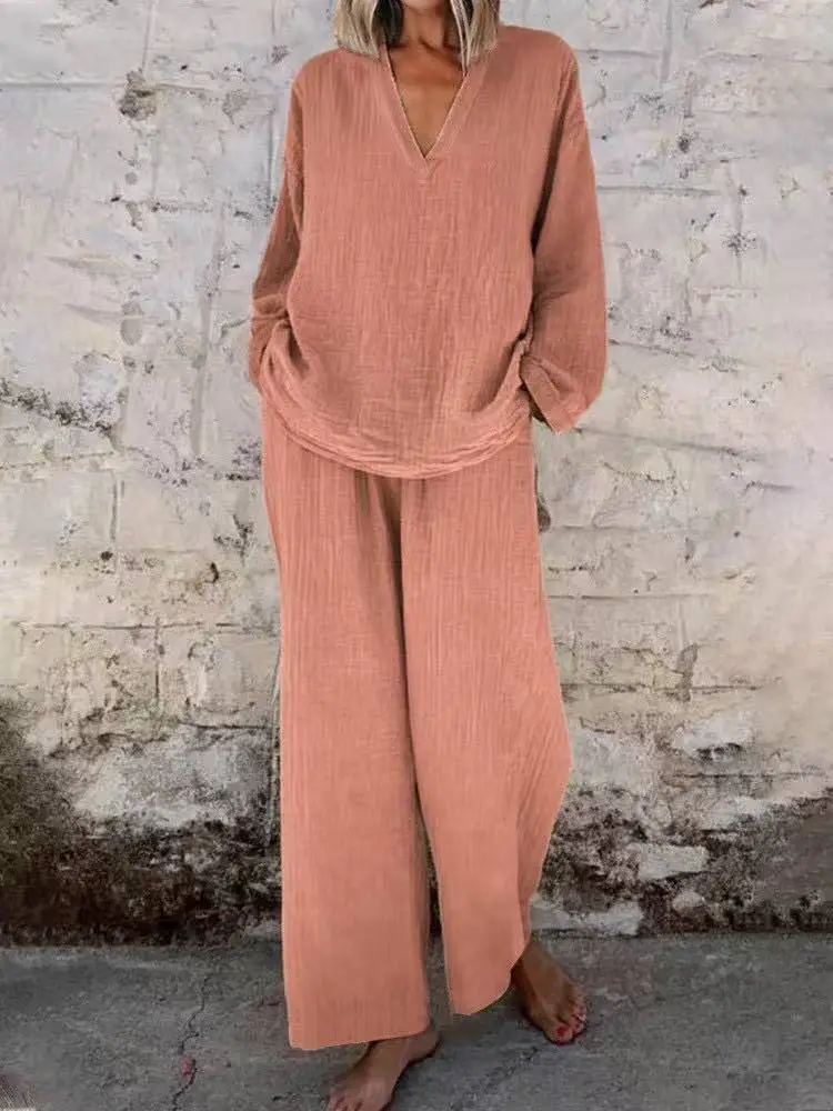 Women's Solid Color Casual V-neck Pullover Long Sleeve Trousers Suit - Red