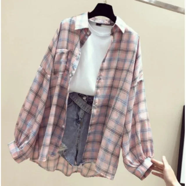 Womens Creative Casual Loose Plaid Shirt Pink - Shop at LoveMi