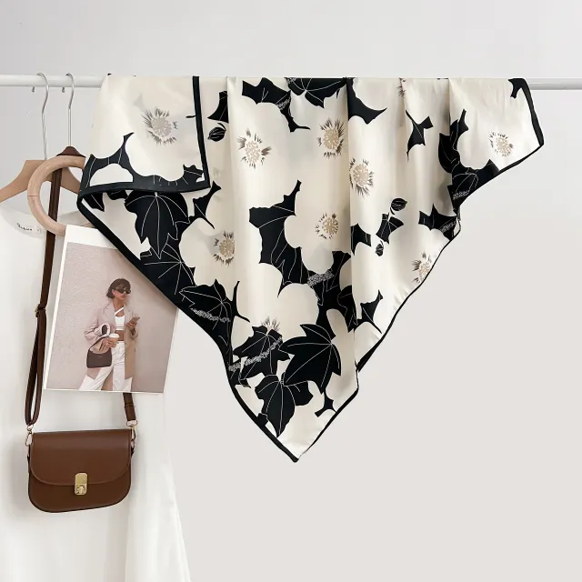 Design Floral Printed Square Scarf Women's Artistic Style Retro White Flower Black Background - Shop at LoveMi