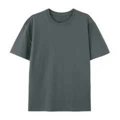 Cotton Round Neck T-shirt Heavy Loose Short Sleeve - Dark Gray - View 1