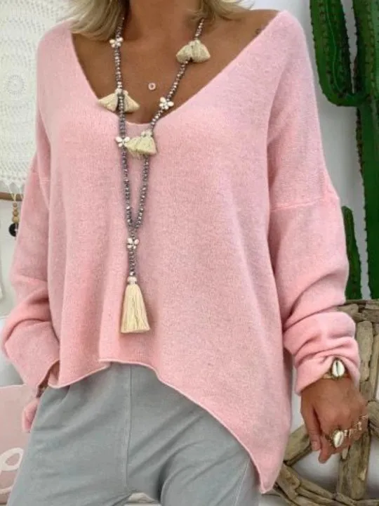 Women's Solid Color Long sleeved T shirt Large V neck Pink - Shop at LoveMi