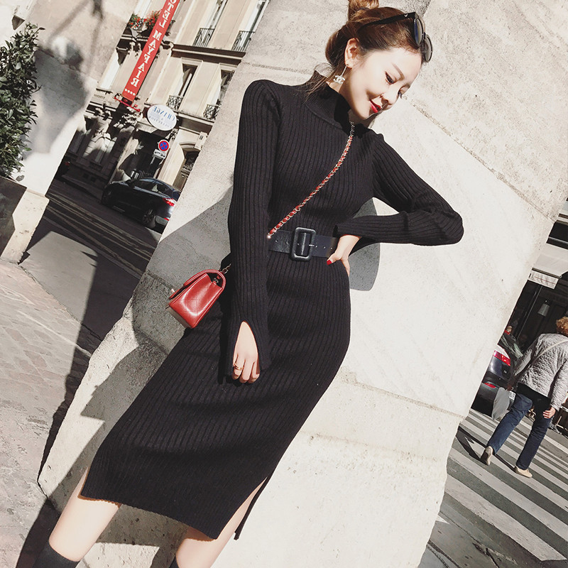 Turtleneck Knitted Split-front Dress