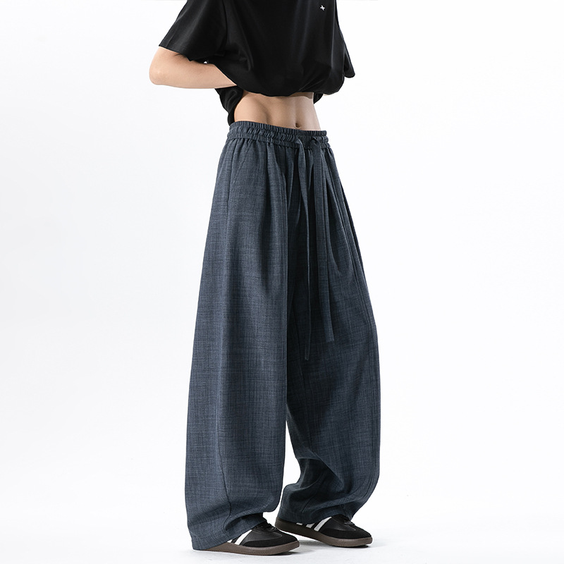 Chinese Style Linen Look Cropped Pants Loose Fit With Wide Legs