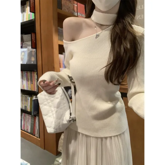 Women's Design Halter Off the shoulder Slim fit Long sleeved Sweater Apricot - Shop at LoveMi