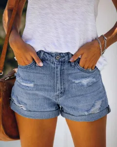 Women's Fashion Stretch Mid Waist Denim Ripped Shorts - Light-S - View 1