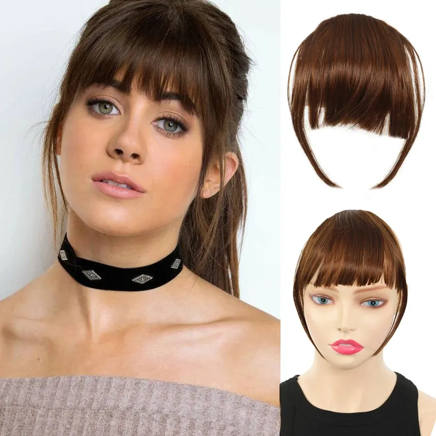 Long Curly Hair One Piece Bangs Wig Set - Dark Brown