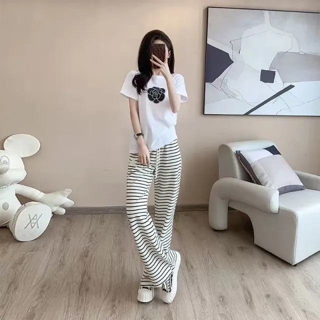 New Korean style Casual Camellia print Pure Cotton Short sleeve T shirt Set Camel - Shop at LoveMi