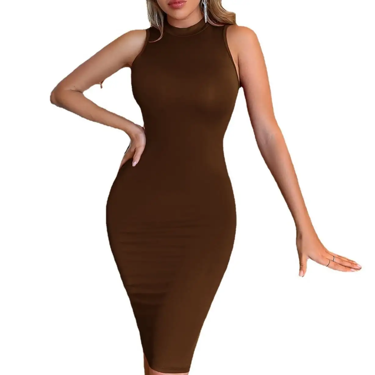 Solid Color Stand Collar Halter Type Long Dress Knitted Mid-waist Hip