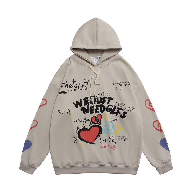Love Letter Painted Graffiti Hooded Fleece Lined Sweater Men - Image 3