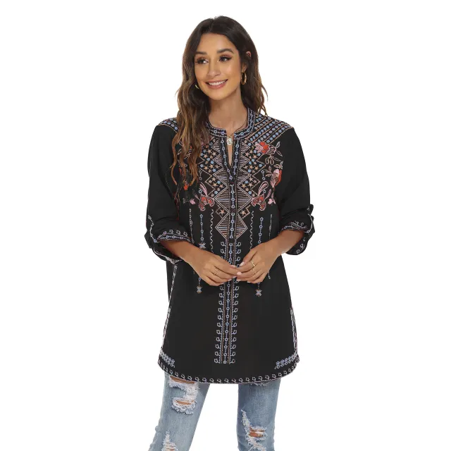 Long Sleeve Shirt Embroidered Mid length Stand Collar Black - Shop at LoveMi