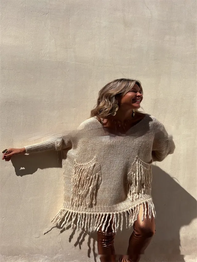 Women's Loose fitting Tassel Knitted Sweater Camel - Shop at LoveMi