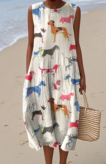 Pocketed Crew-neck Dress With Geometric And Floral Elements