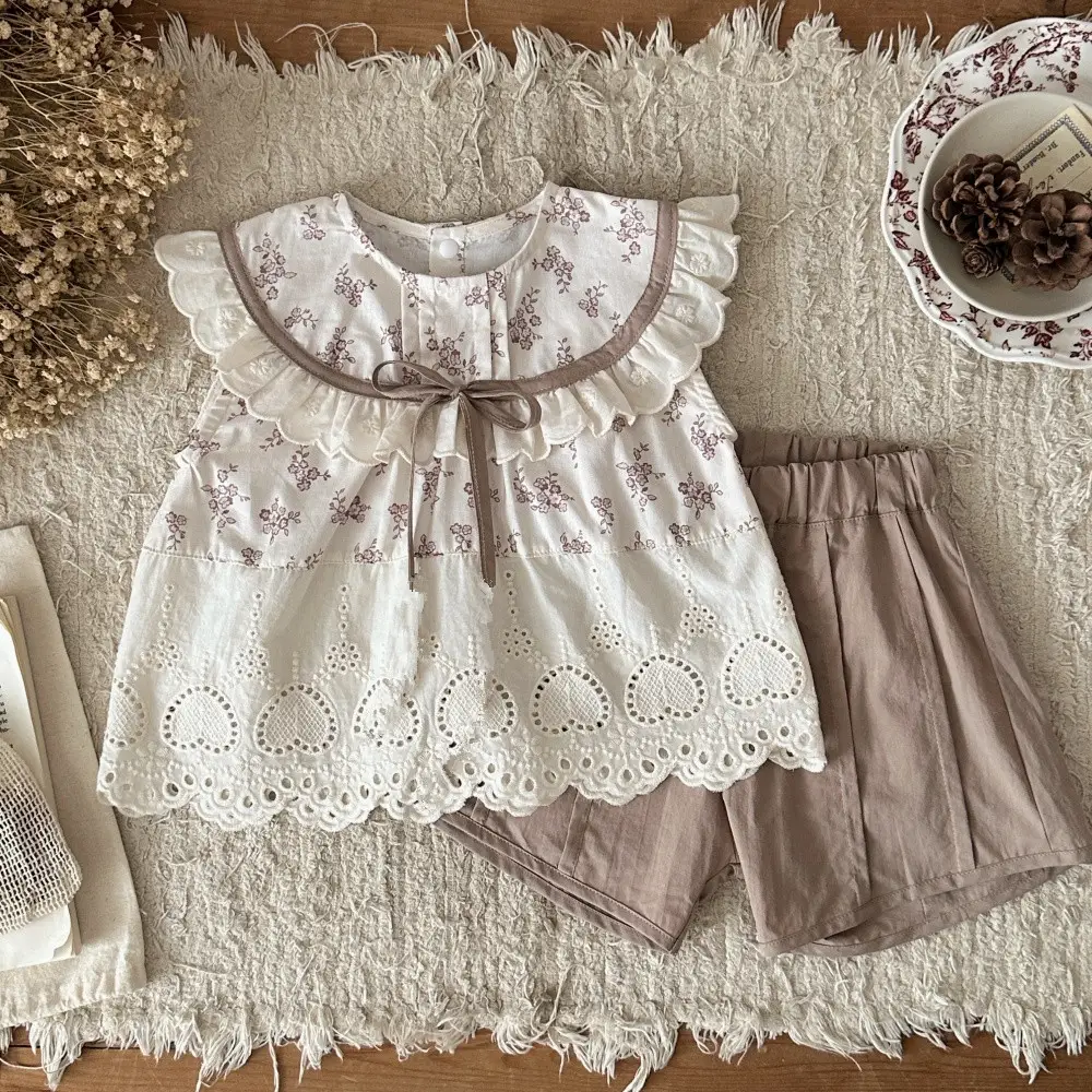 Infant And Toddler Floral-print Patchwork Lace Sleeveless Doll-style Top