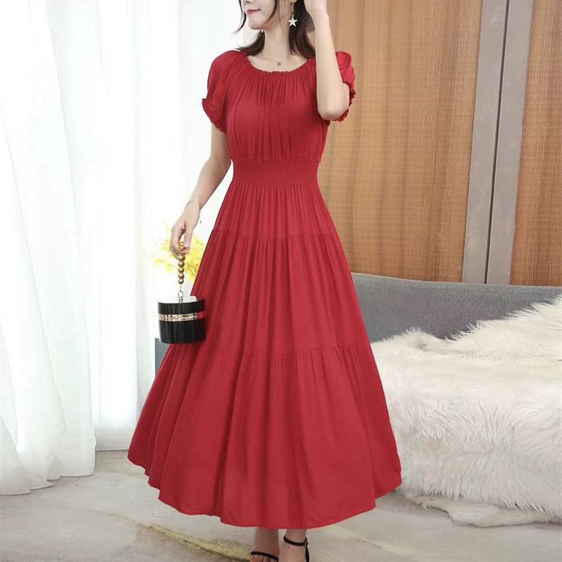 Solid Color Wide Hem Cotton Silk Vacation Style Long Bohemian Dress Red - Shop at LoveMi