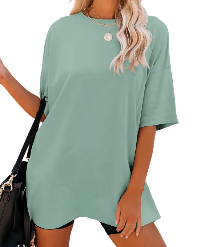 Solid Color Loose Women's T shirt Fashion Round Neck Plus Size Short Sleeve Light Green - Shop at LoveMi
