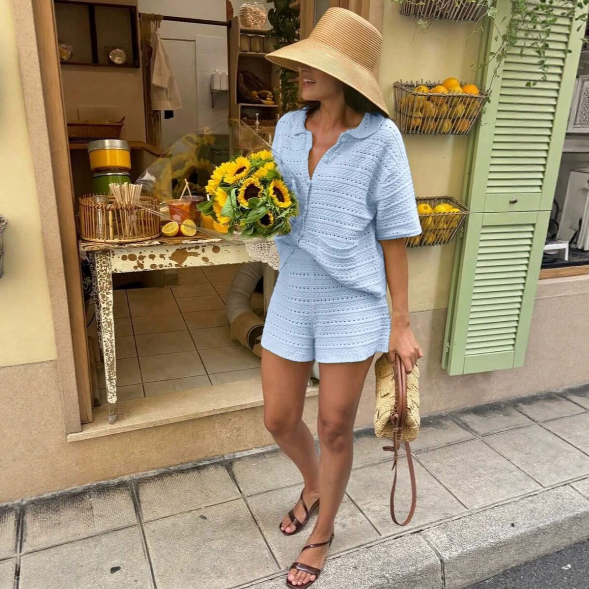 Short-sleeved Solid-color Knitted Cardigan And Shorts 2-piece Set