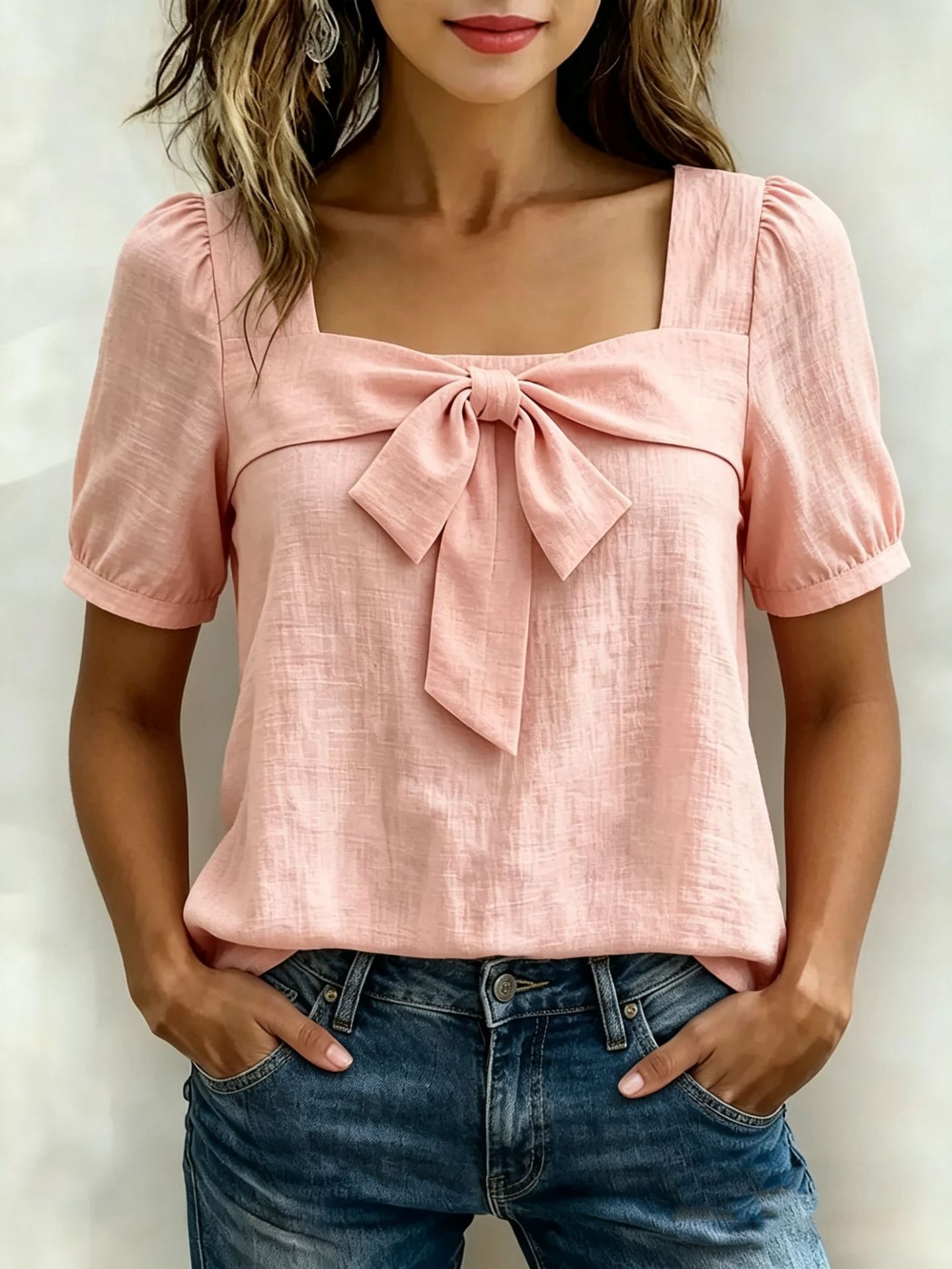 Women's square-neck short-sleeve bow top in Yellow – pullover feminine top styled for casual everyday with jeans