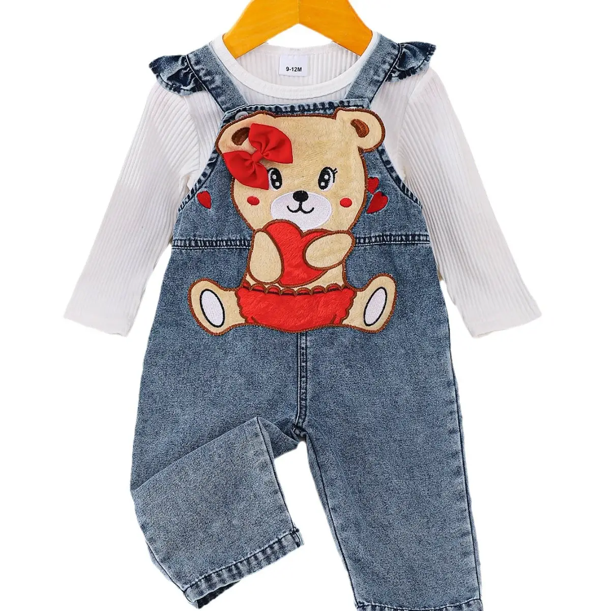 Children's Cute Bear Embroidered Denim Suspender Pants Suit