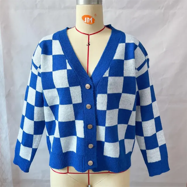 Asian Contrast Color Chessboard Plaid Autumn And Winter Women's Sweater Blue - Shop at LoveMi