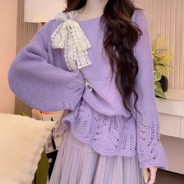 Bow Stitching Lace Strap Warm Temperament Top Purple - Shop at LoveMi