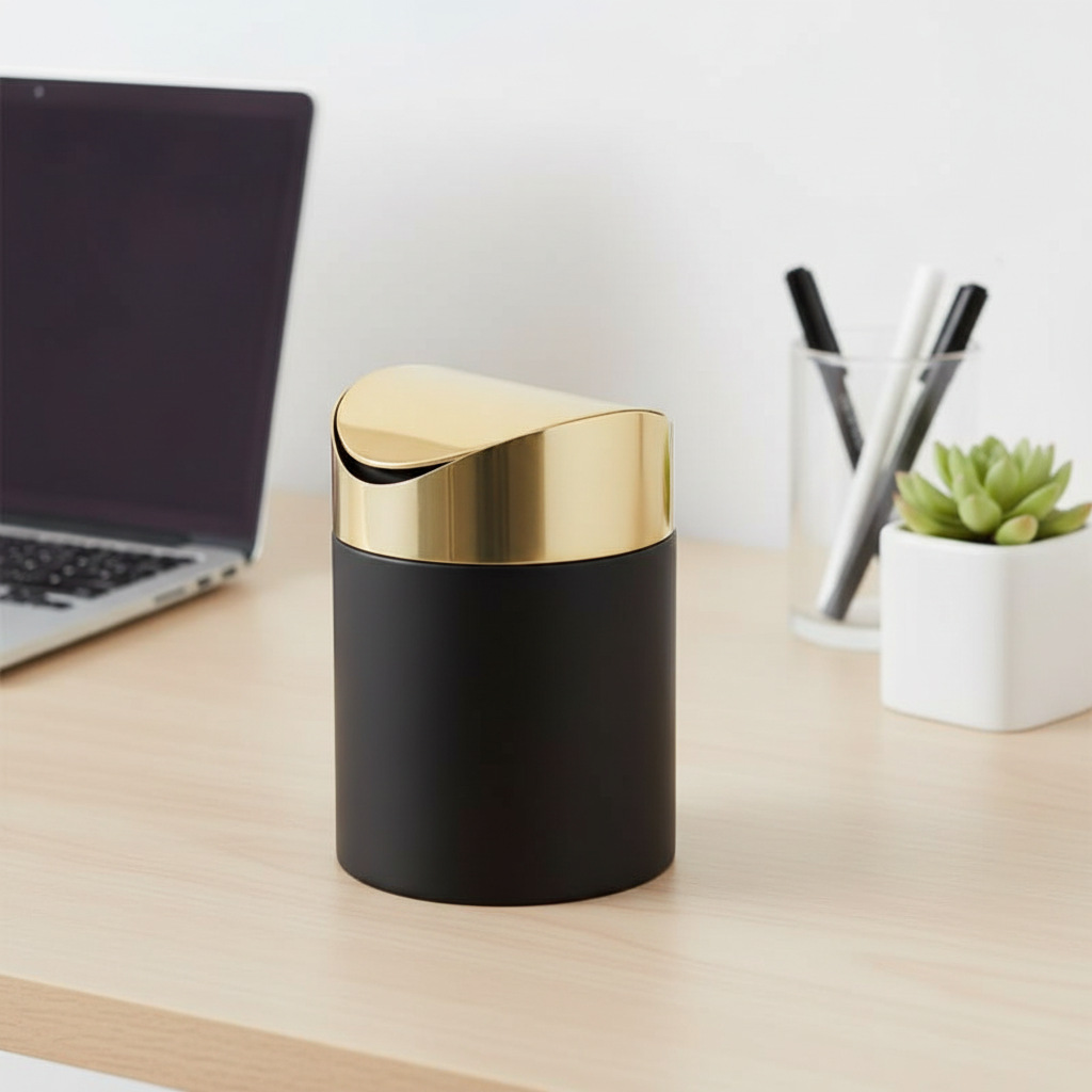 Golden Desktop Trash Can Creative Mini Trash Bin With Lid