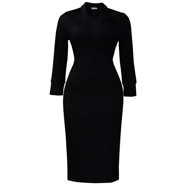 New Autumn Suit collar Long sleeve Elegant Sheath Dress With A Defined Waist Black - Shop at LoveMi