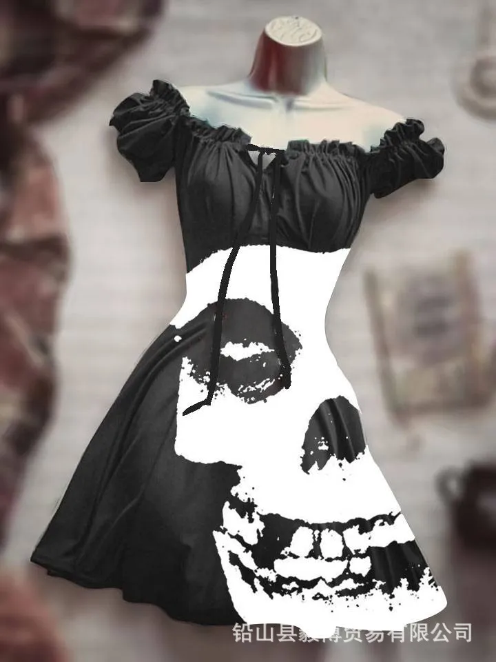Women's Short Sleeve Drawstring Polyester Puff Sleeve Dress - Yq1Ad88628