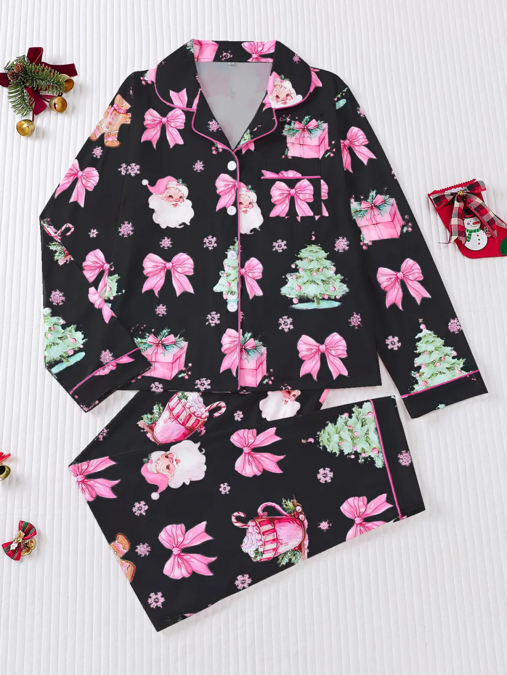 Women's Pajamas Four Seasons Christmas Printing Lapel Long Sleeve - 12 Style-Xl