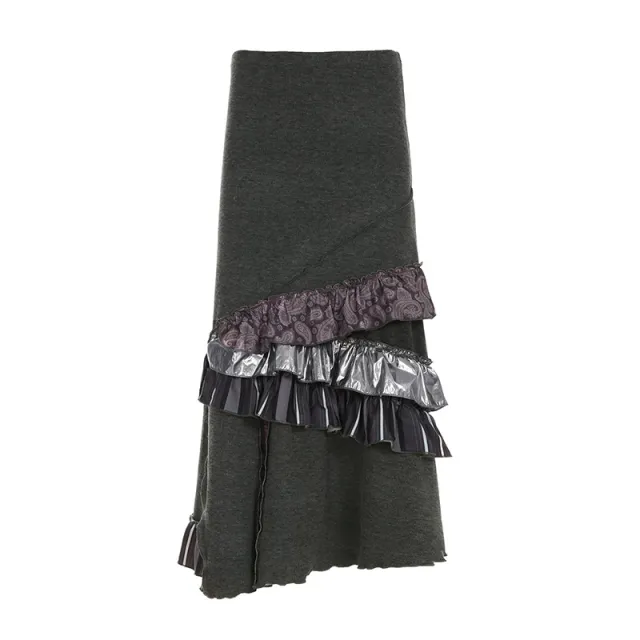 Contrast Color Lace Stitching Asymmetric Skirt Personalized Long Skirt Gray - Shop at LoveMi