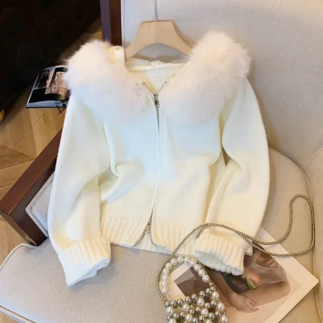 Double Zipper Fur Collar Stitching Design Sense Hooded Knit Cardigan Milky White - Shop at LoveMi
