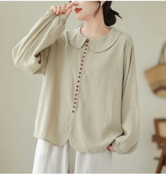Women's Simple Doll Collar Cotton Linen Long Sleeve Blouse Khaki - Shop at LoveMi
