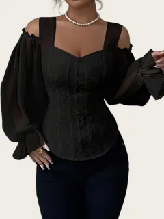 Elegant Off-Shoulder Floral Jacquard Blouse For Women - Black - View 1