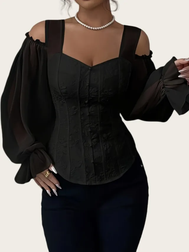 Elegant Off Shoulder Floral Jacquard Blouse For Women Black - Shop at LoveMi