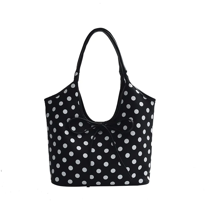 Hand-carrying Retro Casual Tote Bag Fashion Polka Dot Underarm Bag Large Capacity - Black
