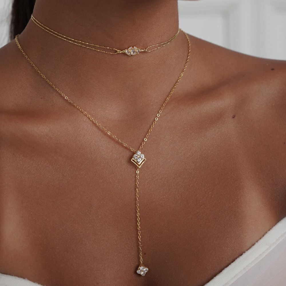 Colier cu strasuri în formă de Y cu strat dublu Lanț delicat de clavicule cu design minimalist Bijuterii la modă versatile Cadou
