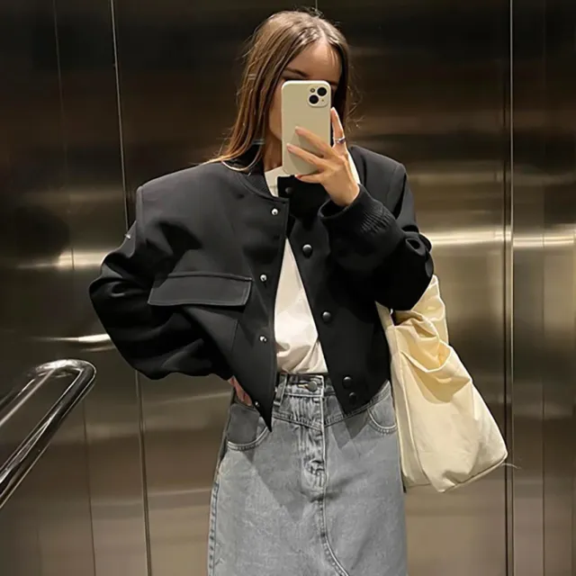 Women's Fashion Casual Long Sleeve Cotton Short Coat Navy Blue - Shop at LoveMi