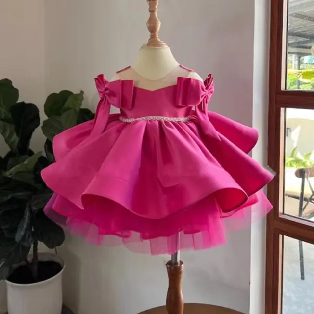 Girl's Tulle Tutu Piano Performance Host Solid Color Dress Rose Red - Shop at LoveMi