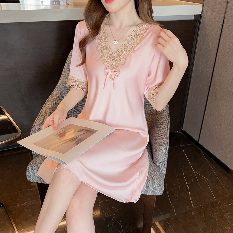 Silk Pajamas Thin Lace Embroidered Short Sleeve Dress